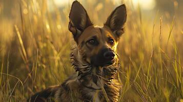 A cute brown and black dog with floppy ears sits in a field, looking up towards the camera. photo