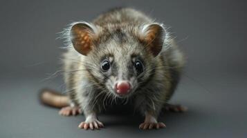 A small, curious pocket mouse sits alert in a studio setting. photo