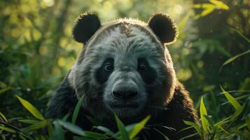 A cute panda peeks out from the bushes with a smile on its face, looking directly at the camera. photo