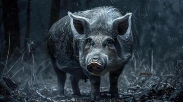 An animated pig, frosted with ice and snow, stands alone amidst a snowy forest. photo