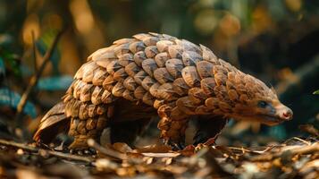 A pangolin with a pile of scales on its back, blending into the natural surroundings. photo