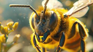 A close-up image of a bee, showing its face and features. photo