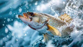 Vibrant fish leaping from a splash of water, with a backdrop of an aquatic environment. photo