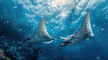 Two seahorses swimming in the ocean with blue and white markings, looking at each other. photo