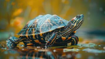 A turtle is seen walking in a pond, surrounded by aquatic vegetation and water lilies. photo