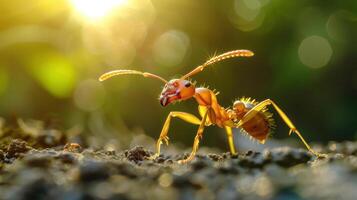 Vibrant yellow ants in a line, walking towards the right of frame. photo