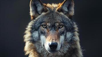 A close-up portrait of the wolf's face with intense eyes and ears perked forward, photo