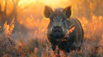 A pink hog is standing in a field of autumn leaves during sunset, creating a picturesque scene. photo