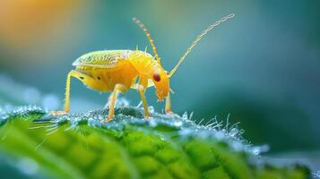 A vibrant yellow beetle with antennae on a leaf. photo