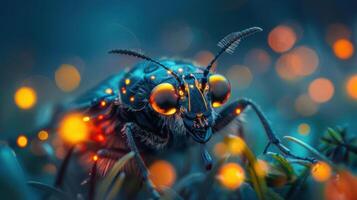A photograph of a brightly lit cicada with an ethereal glow and drops of light illuminating it again photo