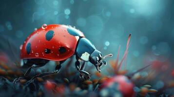 A ladybug stands on a red flower, looking up at the rain droplets falling from the sky. photo