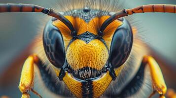 A close-up photo of a bee's head and face, with focus on the distinctive yellow and black markings.