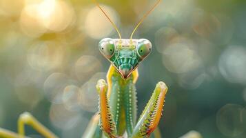 A close-up of a green and orange insect with bokeh effect background, likely an ant or grasshopper. photo