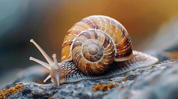 A small snail with a patterned shell is seen from close range, photo
