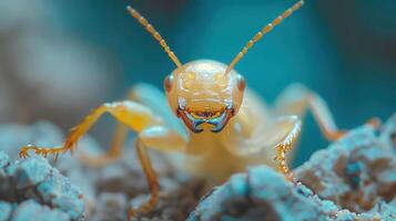 A close-up photo of a praying mantis with its arms spread out, perched on a rock.