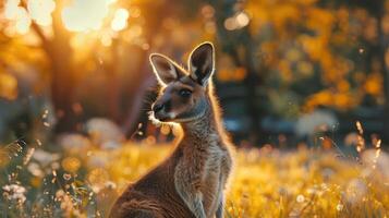 A young kangaroo is sitting in the middle of a field with sunlight filtering through the trees, photo