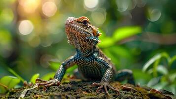 A chameleon with colorful patterns perched on a tree limb in a natural setting, facing the camera. photo