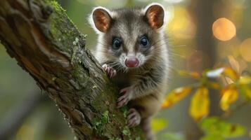 A small, cute fox perched on a tree branch. photo