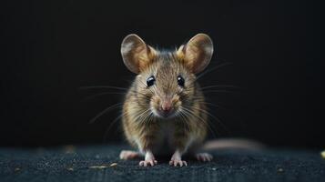 a close-up of a mouse with a spotted eye, looking directly at the camera. photo