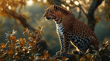 A majestic jaguar, the apex predator of its ecosystem, stands tall in the center of . photo