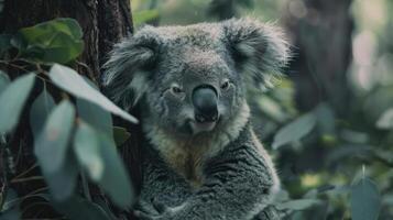 Cute koala sitting on a branch with lush greenery and misty background, photo