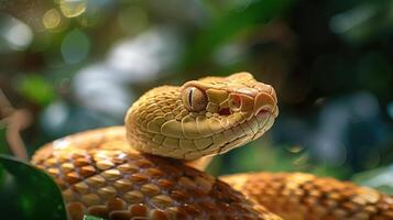 A yellow snake with red eyes and a small tongue, looking playful and charming. photo