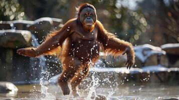 A happy orangutan is playing in a shallow stream, enjoying the cool water and spray with delight. photo
