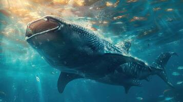 The whale shark, known for its large size and gentle demeanor, is captured in an upward gaze, photo