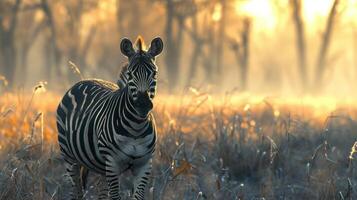 A zebra standing in a field of tall grass, facing the sunset with its head down, photo