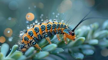 A close-up photo of a colorful caterpillar resting on a plant, surrounded by droplets of water.
