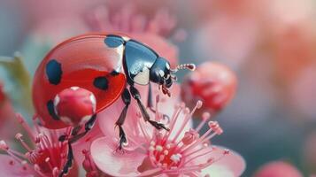 A close-up image of a red and black ladybug perched on a vibrant pink flower, photo
