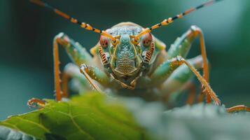 Close-up photo of a colorful green and orange insect on a green leaf.