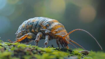 A close-up image of an insect, likely a bug or beetle, walking on a mossy leaf. photo