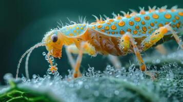 A vivid, close-up image of two brightly colored insects with a blurred background. photo