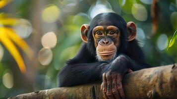 A monkey rests its chin on a tree branch with a serene smile and watches the world around it. photo