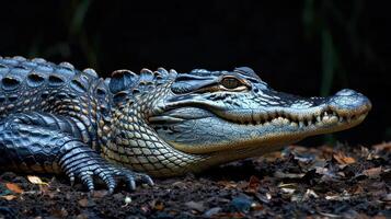A close-up image of a crocodile with its mouth open, appearing as if it's taking a bath. photo