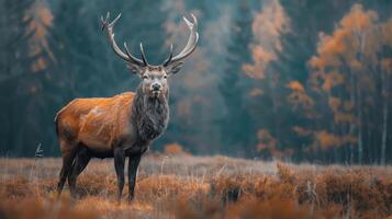 A majestic golden deer gazes through the misty forest, a symbol of regal strength and grace. photo