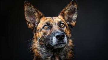 Portrait of a German Shepherd looking to its left with attentive expression and ears perked up, photo
