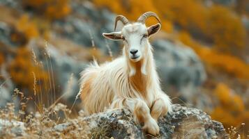 The goat is resting on a rock with fall colors in the background. photo