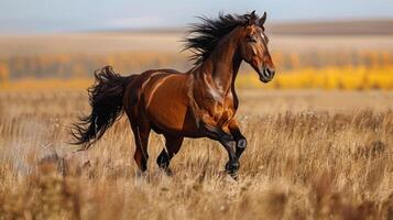 A horse is captured mid-gallop across a grassy field with trees in the distance, photo