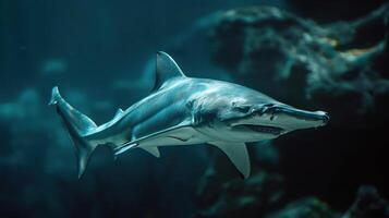 a gray reef shark swimming underwater, possibly near an artificial coral reef. photo