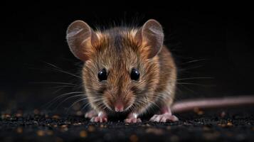 A brown mouse with big black eyes and whiskers, standing on a dark surface, possibly ready to run. photo