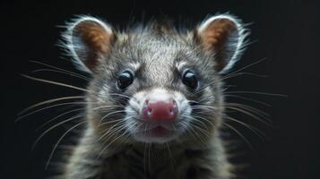 A close-up image of a pet rat with large expressive eyes, photo