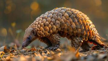 captures a majestic pangolin walking through the forest, its scales shining with the light. photo