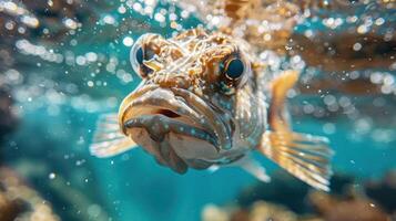 A close-up of a clownfish, with its eyes wide open and mouth slightly agape, photo
