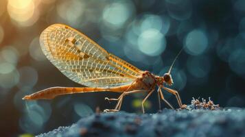 A vividly colored image of the world's largest dragonfly in flight with a blurred background and sun photo
