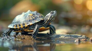 A turtle with a vibrant shell on top of a wet log, near water. photo