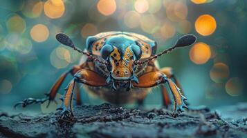A vibrant insect with blue and yellow markings, standing in a soft focus background of bokeh lights. photo