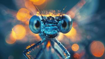 a captivating image of a dragonfly against a backdrop of blurred lights, photo