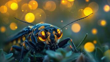 A close-up photo of a luminous insect, possibly a beetle or a bug with glowing red eyes and wings,